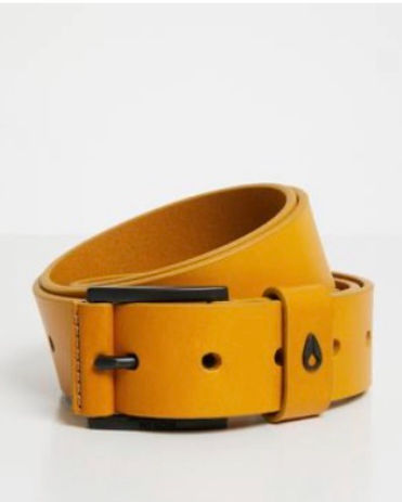 Nixon Leather Waist Belt – rolled front view showing mustard-yellow leather and matte black buckle.