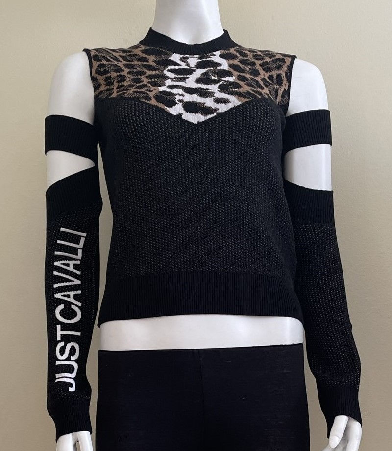 Just Cavalli Cut Out Sweater – front angle showing animal print chest panel, cut-out sleeves, and white logo branding on left