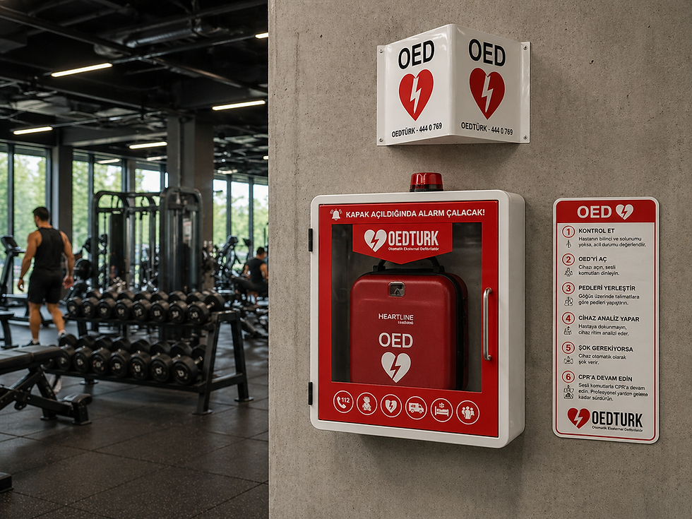 spor salonu fitness içerisinde duvarda konumlu yönetmelik uyumlu aselsan oed cihazı ve oed kabini
