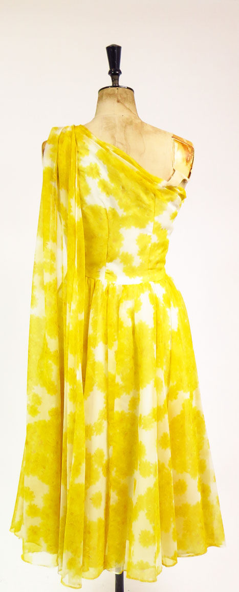 Thumbnail: 1950s Yellow Floral Chiffon Cocktail Prom Dress