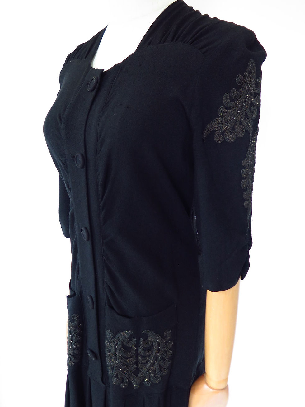 Thumbnail: Vintage 1940s Black Crepe Embroidered Dress