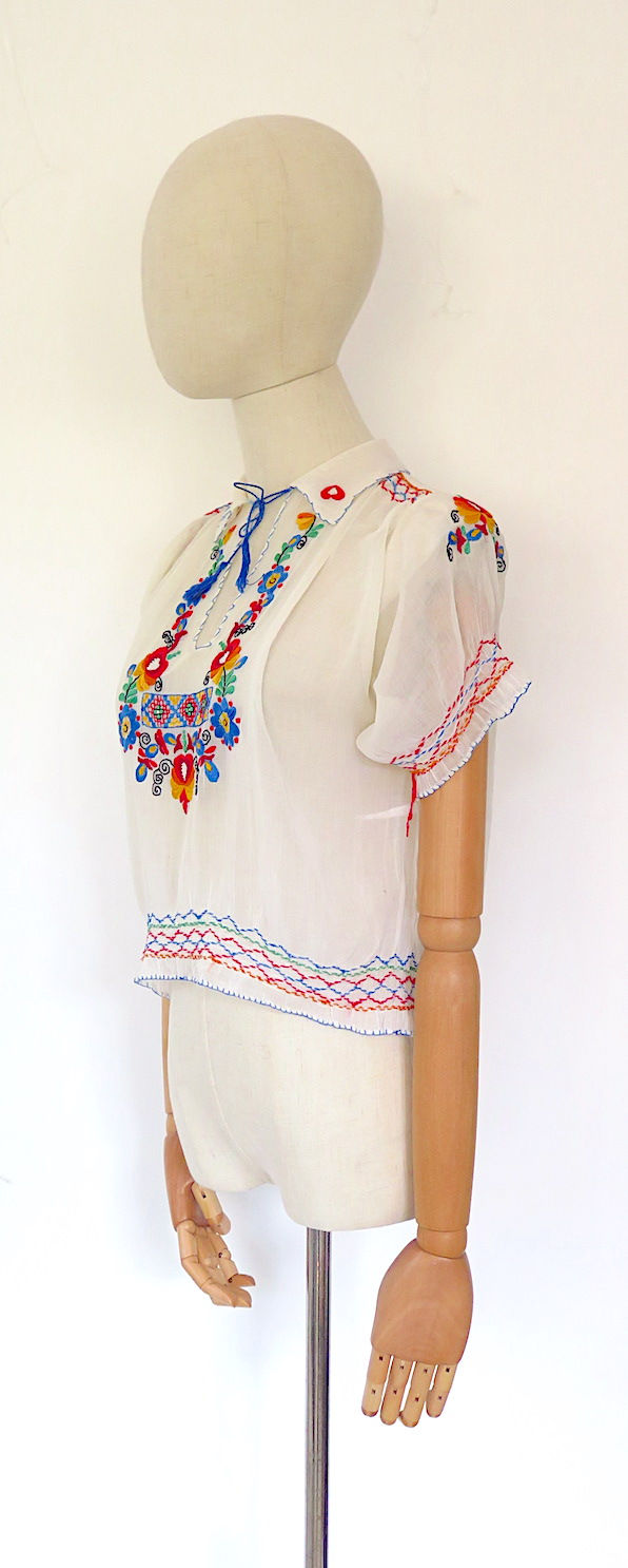 Thumbnail: Vintage 1940s Hungarian Embroidered Peasant Blouse