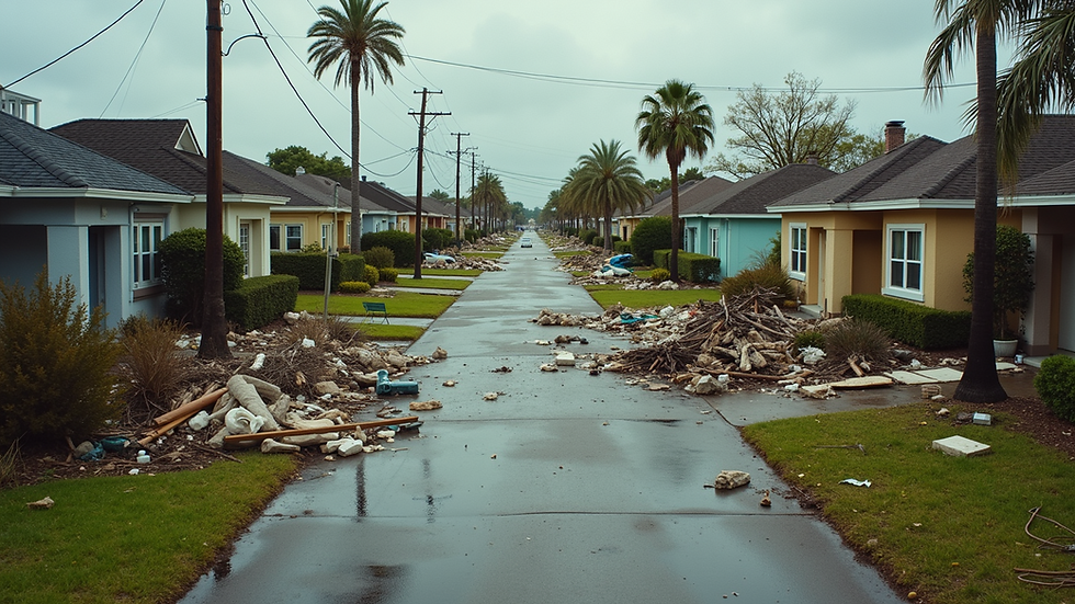 High angle view of a neighborhood post-hurricane showing debris in need of cleanup