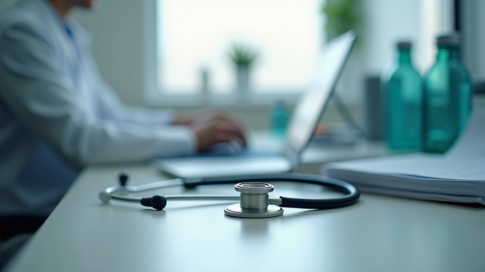 Eye-level view of a medical office with a stethoscope on the desk