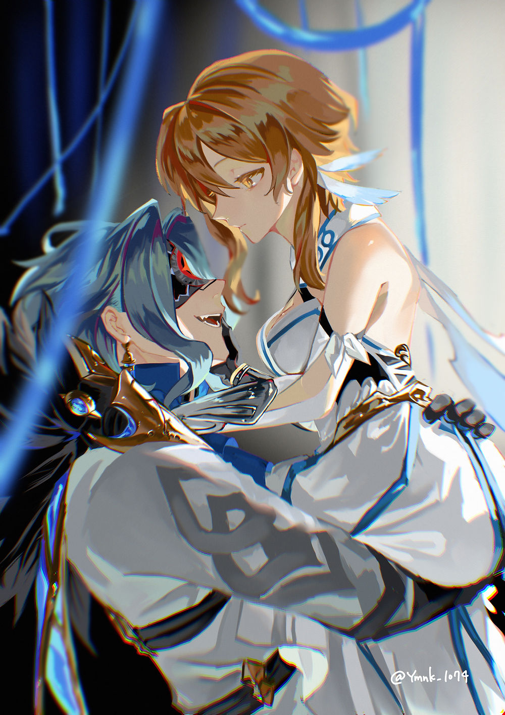 原神の蛍と博士（ドットーレ）。茶髪と青髪のキャラが抱き合うイラスト