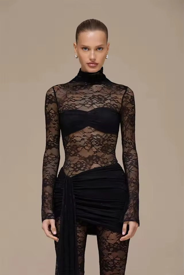 Thumbnail: Lace Ruched Flare Jumpsuit