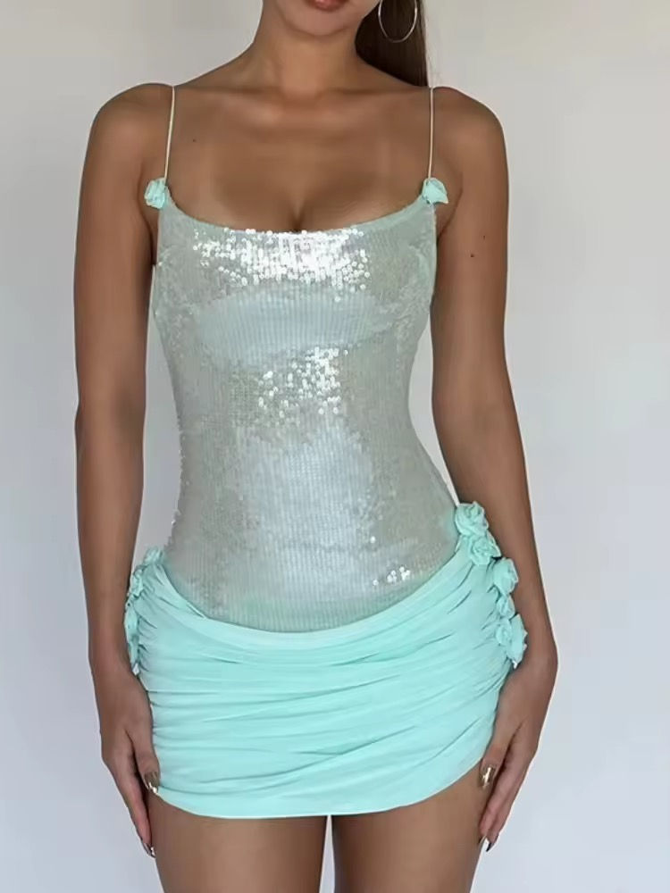 Miniatura: Sequin bodycon dress with ruffle sleeves, mint green, for a stylish look.
