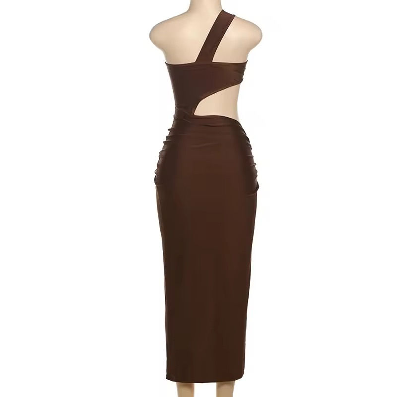 Thumbnail: Brown cut-out dress on mannequin. Ruffle Sleeved Bodycon. Fashionable attire display.