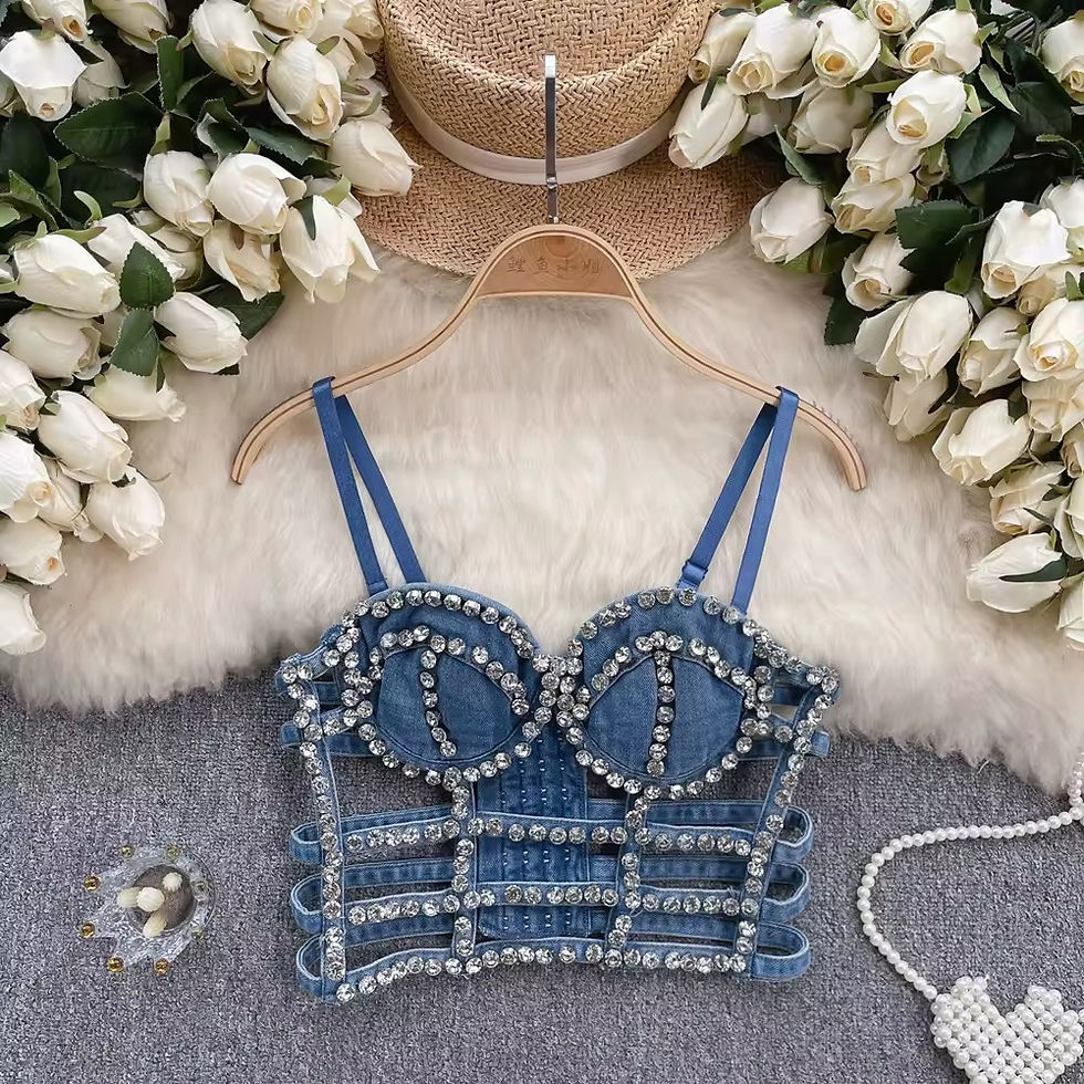 Thumbnail: Blue denim bodice with sparkling embellishments, delicate design with white flowers.