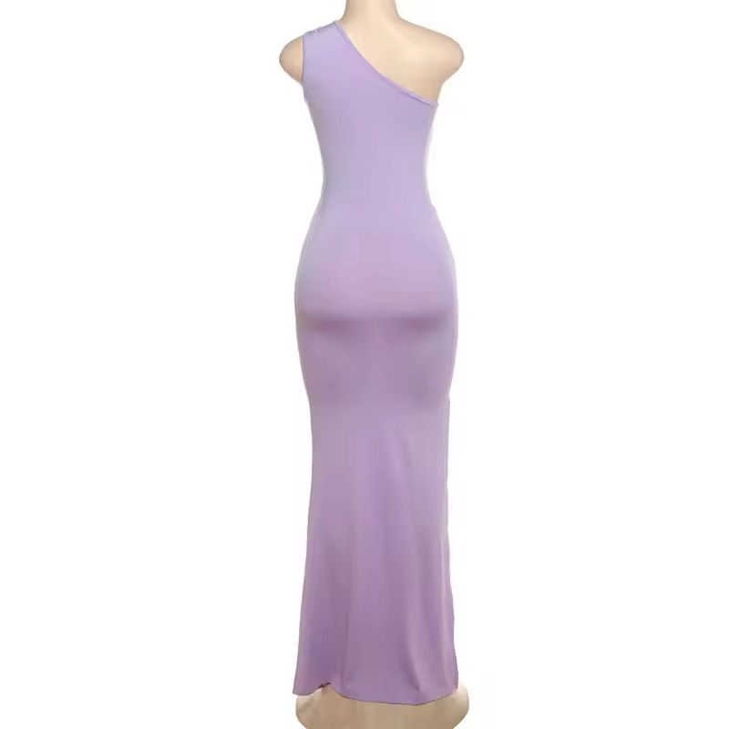 ภาพขนาดย่อ: Lavender one-shoulder bodycon dress on a mannequin; full-length shot. LUV RUSH.