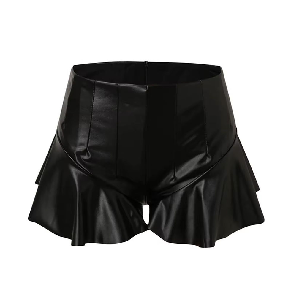 Thumbnail: Black leather shorts with ruffled layers, stylish and fashionable clothing.