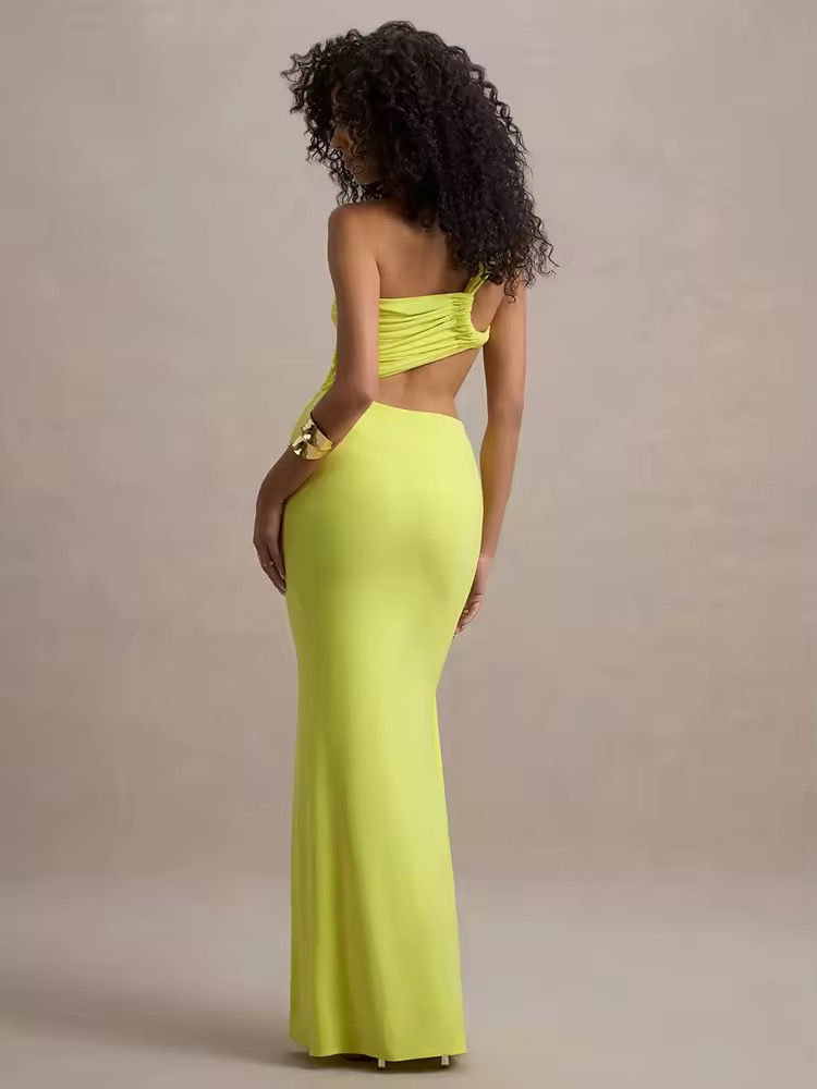 Indexkép: Woman wears a bright lime green Contrast Bow Knit Dress, posing from behind.
