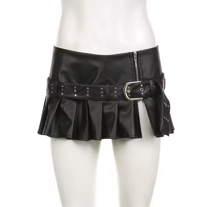 Thumbnail: Black pleated mini skirt with belt, design and metal buckle on white background.