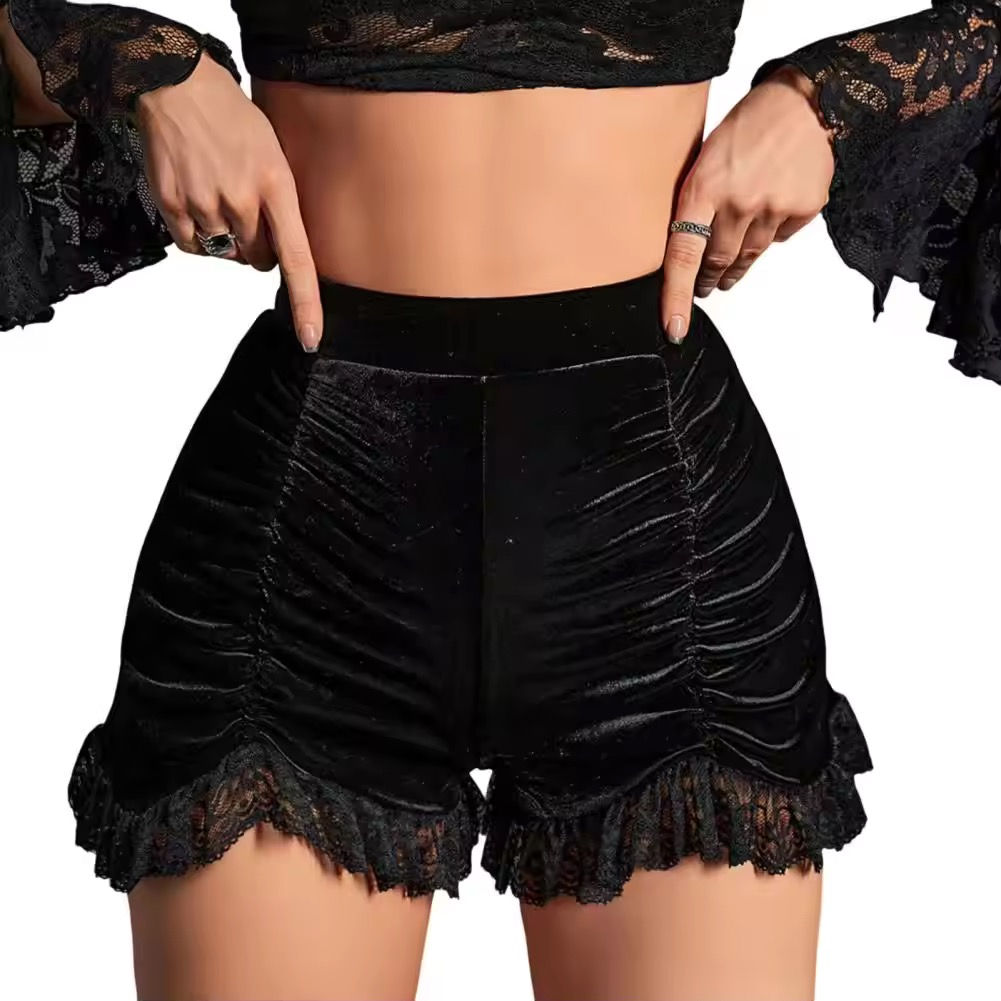 Black velvet shorts with ruched detailing and lace trim, fashion.