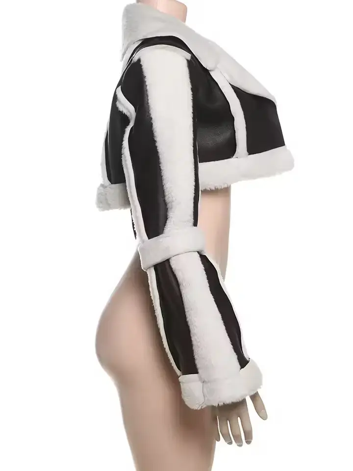 섬네일: Lamb Patchwork PU Crop Jacket