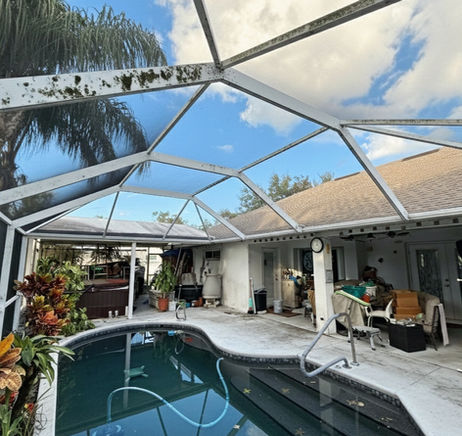 Before photo of a pool cage with heavy mold on the frame and a dirty, stained pool deck.
