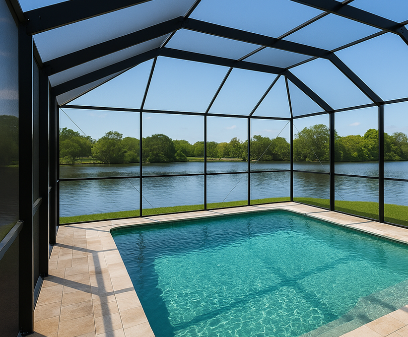 Wonderful landscape around pool cage in Florida, with crystal water and plenty of sun light | Pool Paint Screen LLC