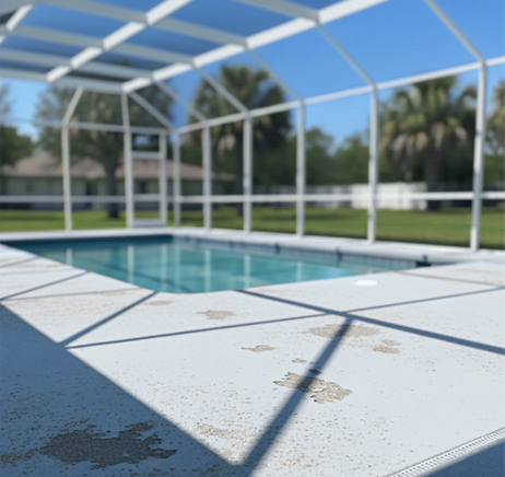 After Pool Deck Painting close view of light gray textured painted pool deck inside screened pool enclosure.
