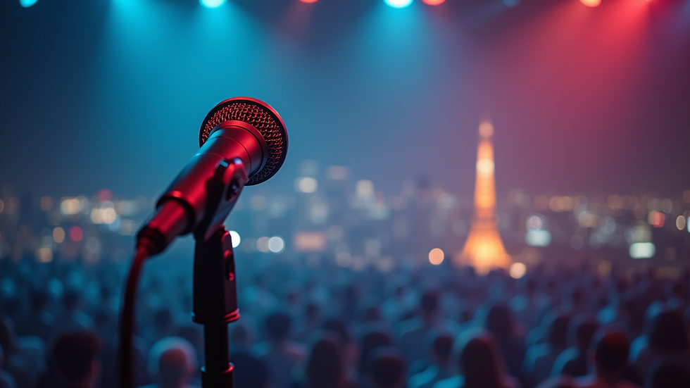 Eye-level view of a microphone on a stage with Tokyo cityscape in the background
