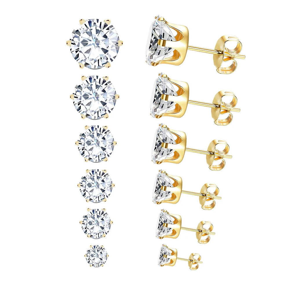 Miniature : 6-Pair Set Stainless Steel CZ Stud - Hypoallergenic