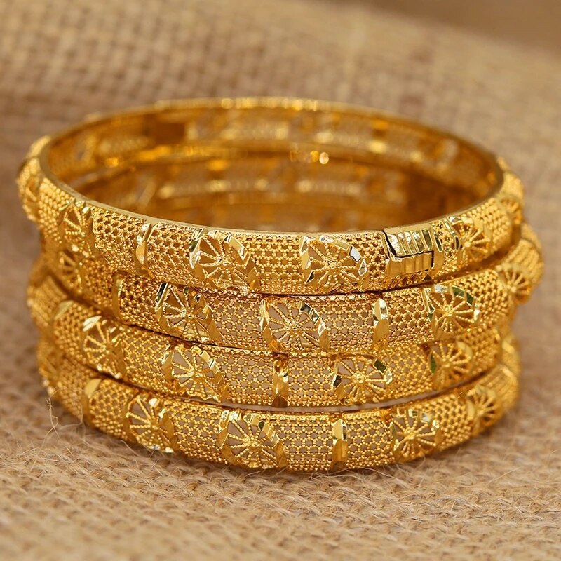 الصورة المصغرة: 4pcs 24K Dubai Bangles for Women | African Fashion Gold Color Bracelet Set