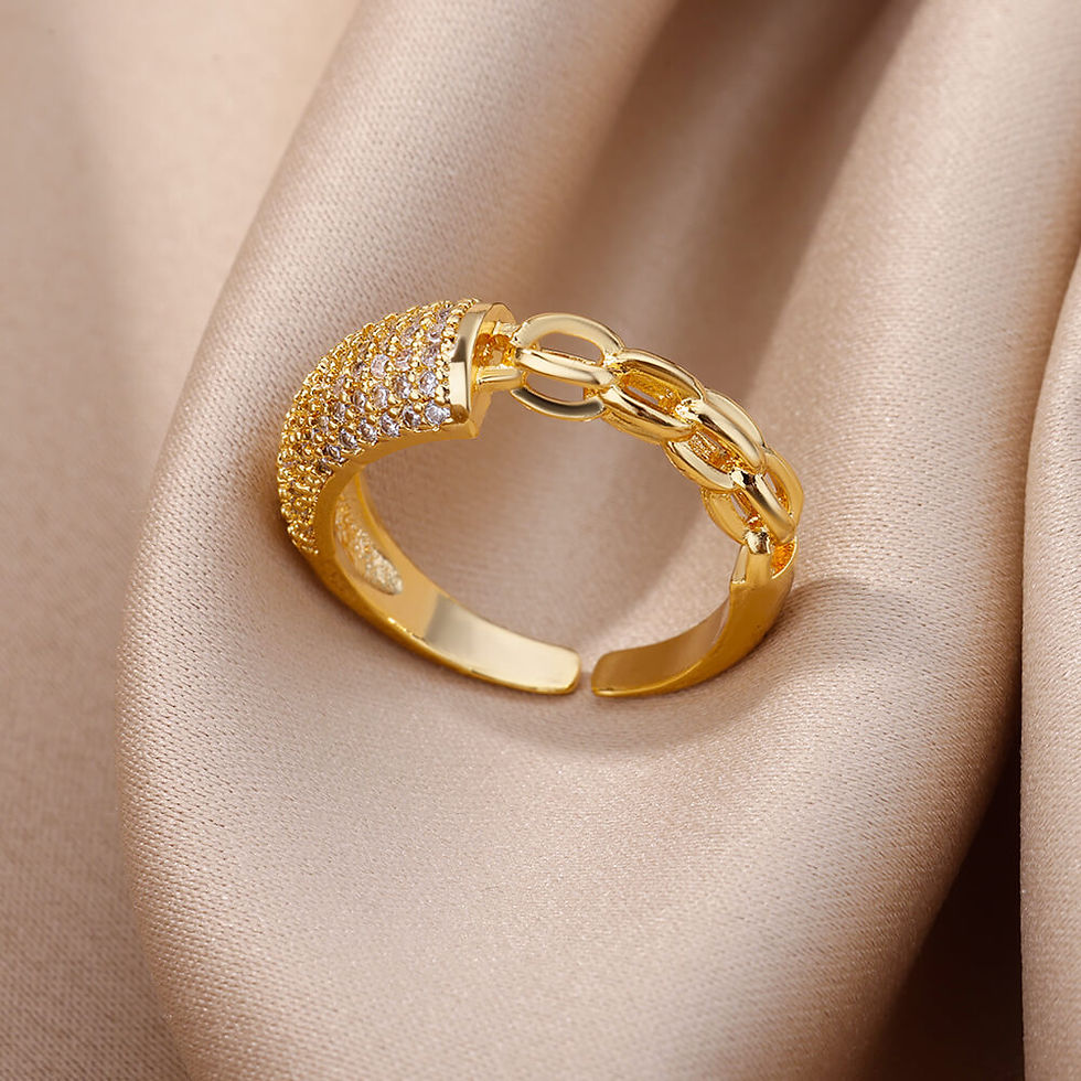 الصورة المصغرة: Fashion Gold Stainless Steel Rings - Chain Hollow Out with Crystal Zircon