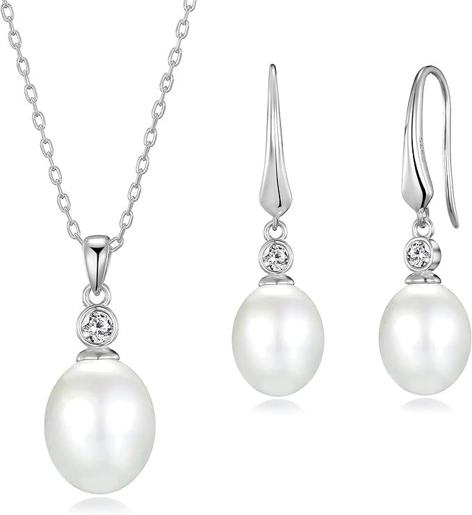 Sterling Silver White Pearl Drop Set