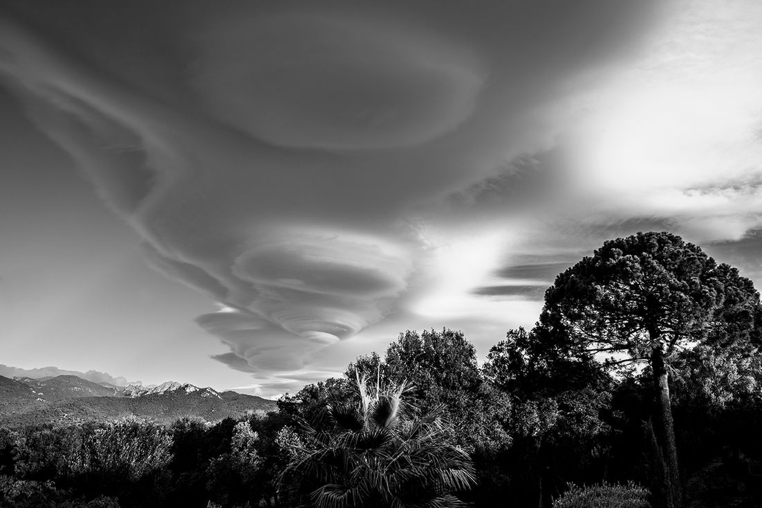 Nuages inhabituels au-dessus d'arbres et de montagnes