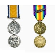 Two sets of historic military medals, one silver and one bronze World War I Victory Medal.