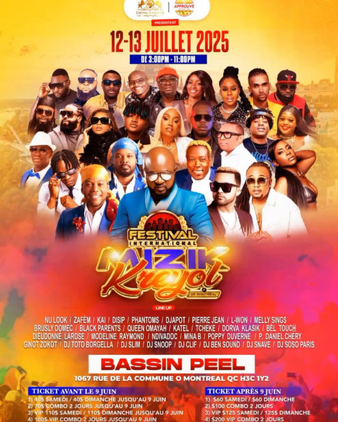Affiche du festival MIZIK KREOL avec plusieurs artistes en juillet 2025 au Bassin Peel.