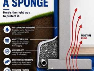 Technical cross-section diagram of a complete foundation waterproofing system showing membrane, geotextile fabric, clean gravel, perforated drain pipe, and concrete footing with moisture flow arrows.