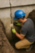 Travailleur inspectant une fissure de fondation, avec casque bleu, FISSURE ELITE.