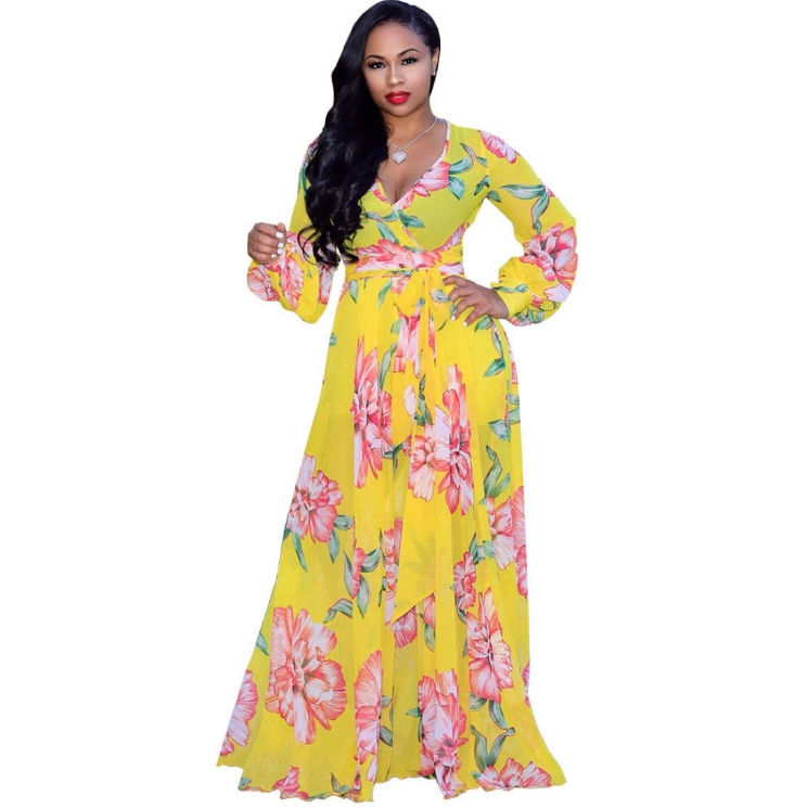 Thumbnail: Fashion sexy ladies V Neck Chiffon Women Maxi Dresses