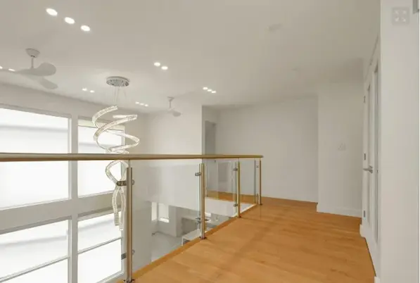 Modern home hallway with glass railing and wooden floor HOME bright design.