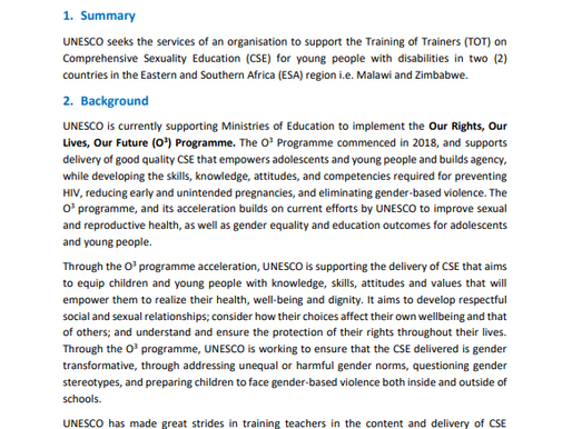 TORs- Organisation to conduct TOTs on CSE for learners with disabilities