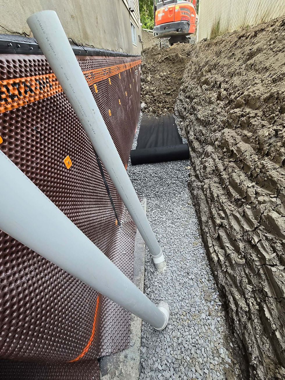 Foundation wall with drainage membrane and excavated trench