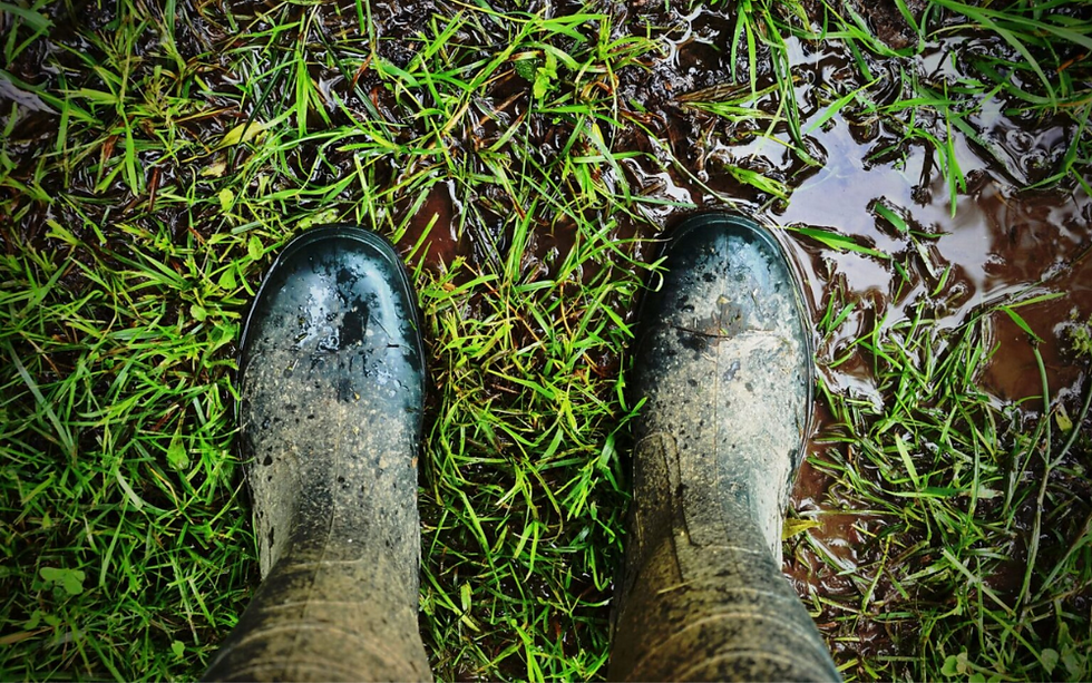 Bottes en caoutchouc dans la boue et l'herbe Drain français Mascouche environnement extérieur