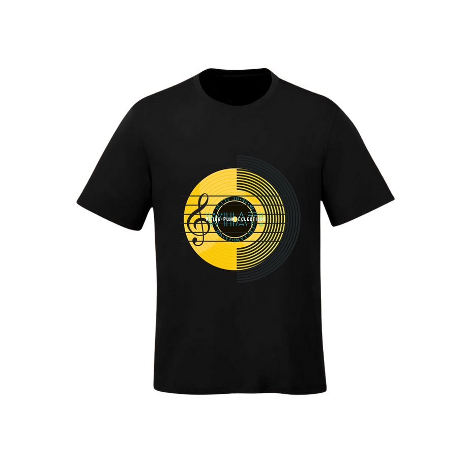 T-shirt noir avec motif disque vinyle jaune et clé de sol.