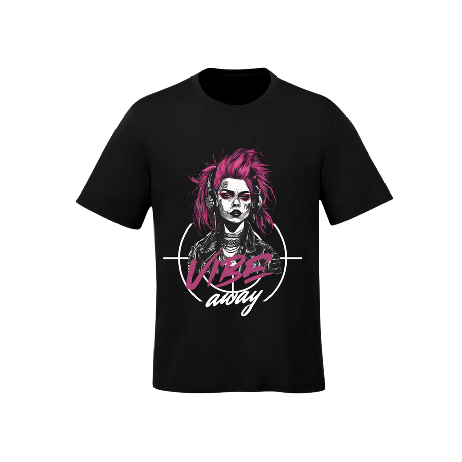 T-shirt noir imprimé femme cheveux roses, texte "VIBES ONLY".