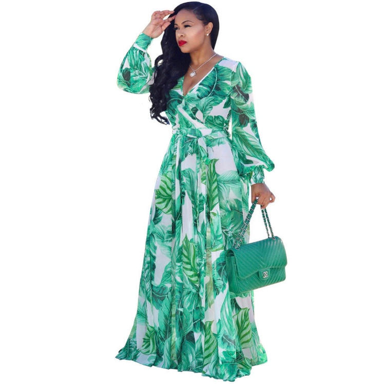 Thumbnail: Fashion sexy ladies V Neck Chiffon Women Maxi Dresses