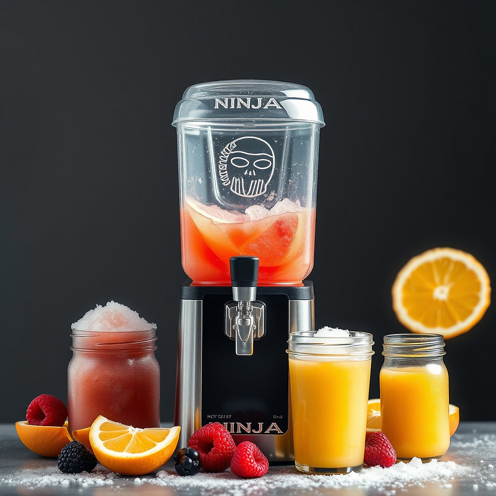 Eye-level view of Ninja SLUSHi machine with a colorful frozen drink inside