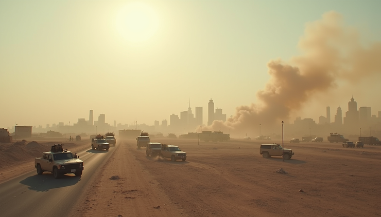 Eye-level view of a Middle Eastern city skyline with military vehicles and smoke in the distance