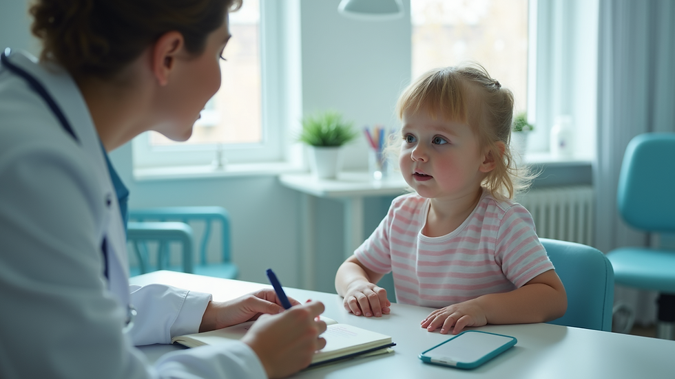 Eye-level view of a pediatric doctor consulting with a child in an examination room