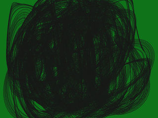 Abstract black scribble on a green background representing creative overwhelm, mental noise, and artistic insecurity.