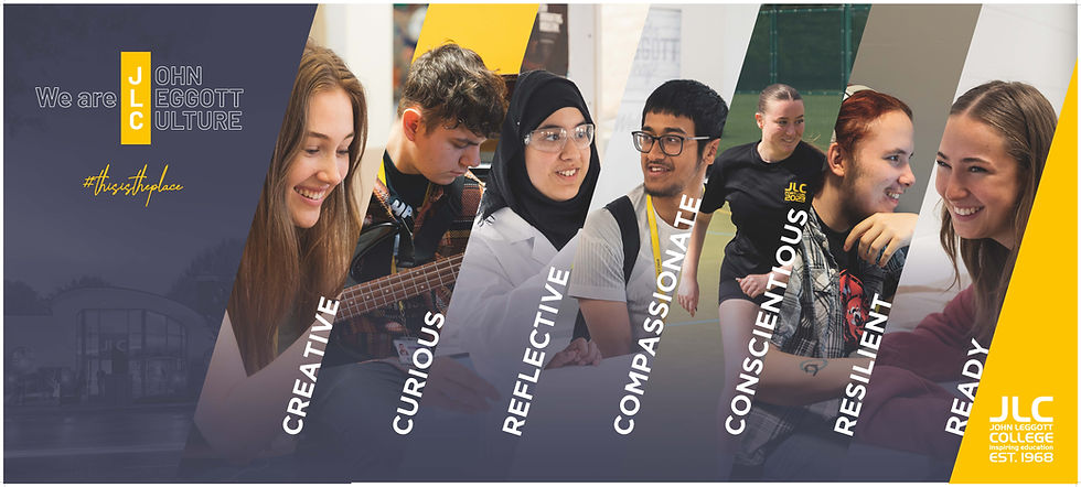 John Leggtt College Culture Graphic - We are John Leggott Culture with our value words - Creative, curious, reflective, compassionate, conscientious, resilient and ready
