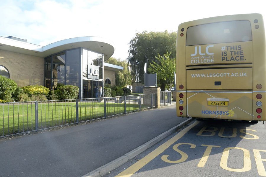 The John Leggott College Bus outside of reception
