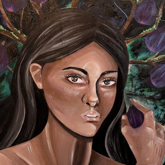 Nicoloe Lachele artwork on display at the Blo Back Gallery in Pueblo, CO April 2026. Nicole Lachele is an artist based in Southern Colorado whose work explores themes of resilience, transformation, and femininity, often drawing on her own personal struggles and inner conflicts.This series reflects a period of transformation, drawing on imagery from Sylvia Plath’s writing, most specifically The Bell Jar. These paintings explore the experience of choosing later than expected, yet making a choice nonetheless, and committing, imperfectly, to a new path despite uncertainty and fear. I first encountered The Bell Jar and Plath’s fig tree metaphor during a time of major change. Though I had achieved many of the things I had long sought out and dreamt of, I realized I had no clear sense of who I was outside of being a mother, wife, sister, or daughter. Always something to someone else, I felt I had no identity of my own. Plath’s image of the fig tree, with each fruit representing a different possible life, captured a fear that had been difficult to articulate: choosing one path meant losing all the others, and waiting too long could leave you nothing at all. I had made my choice long ago, and now could neither reclaim the past nor step into the future. Realizing how closely I related to her work, and knowing how her life ended, forced a shift in me. I could no longer stay suspended in possibility. The longer I ruminated on the past, the longer I would remain there, doing nothing, wishing I’d done more. As important as being a wife and mother is to me, I felt an all consuming need to pursue my dreams as an artist, so I ate the second fig.