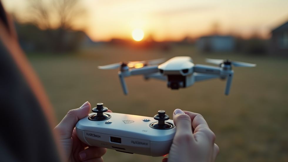 close-up view of drone controller with drone in background