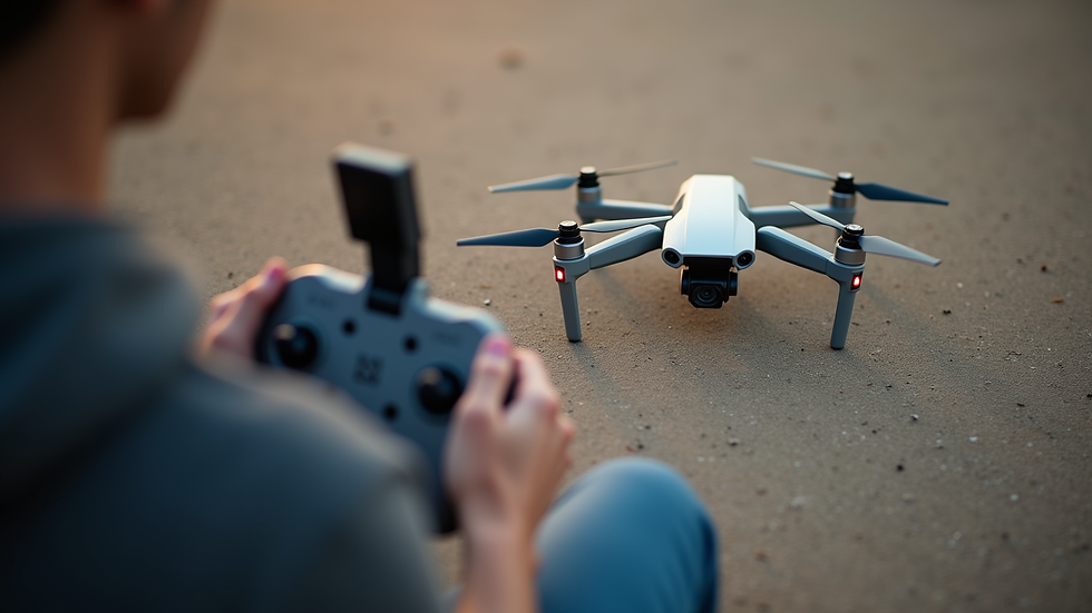 high angle view of drone controller and drone on the ground