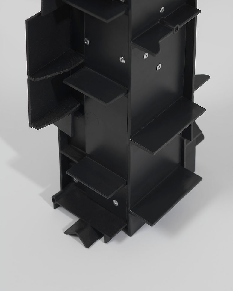 230525 - plastic jeanneret - black stool - black vase - shelves - candle stick - box1479-3